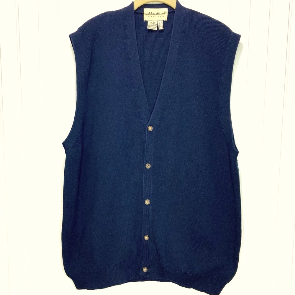 Men's Eddie Bauer Vest Buttons 100% Cotton V-neck Sweater Large Tall Navy Blue